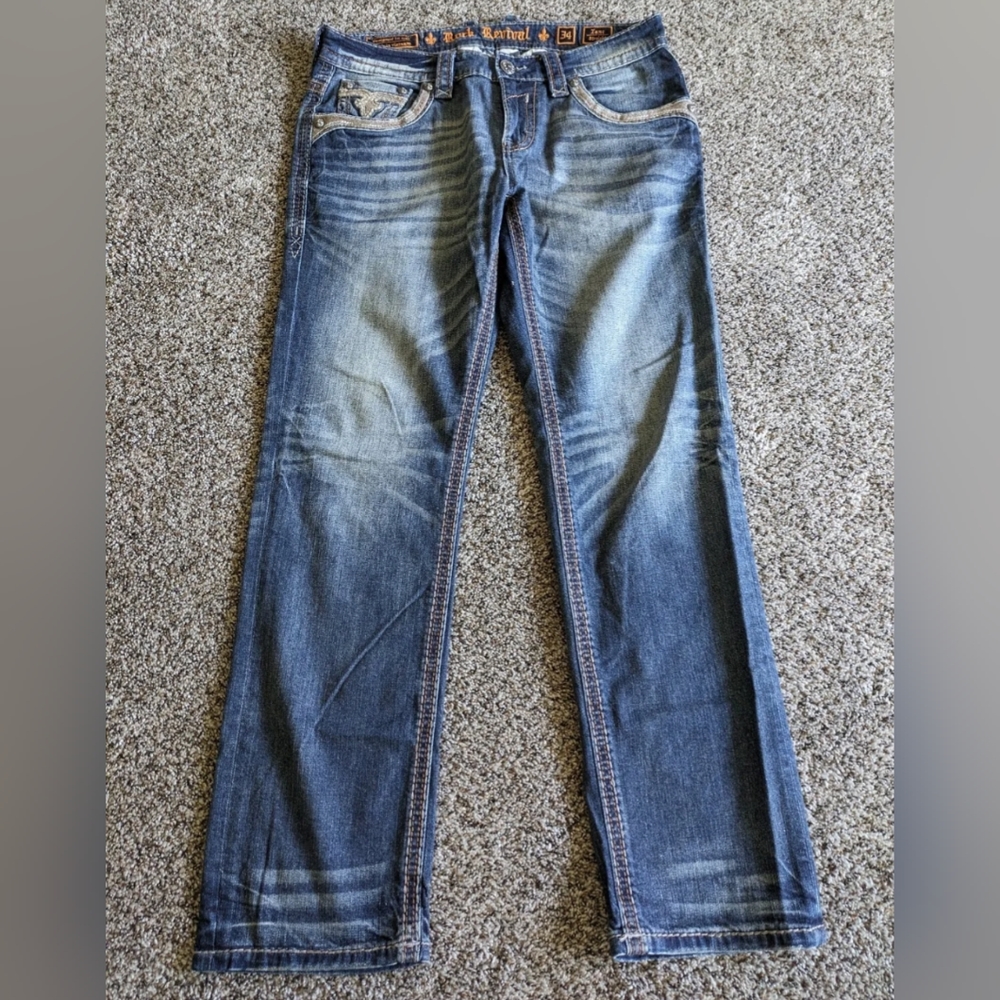 Rock Revival Zane Straight Denim Jeans Dark Wash 36 X 32 (Tagged 34 X 32)